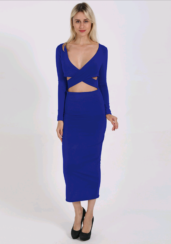 Vestido Ajustado Escote V con Mangas Largas Caladas