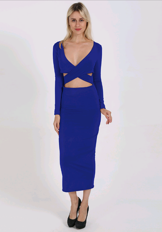 Vestido Ajustado Escote V con Mangas Largas Caladas - Image 2