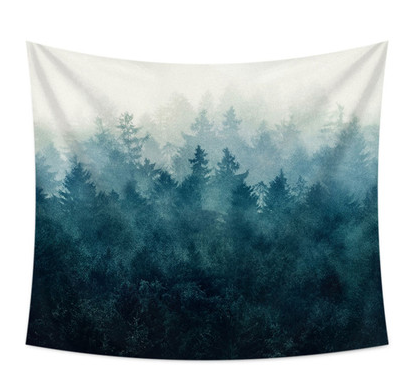 Rectangular tapestry featuring a misty forest print with a gradient of deep blue and green trees against a light background. - Image 3