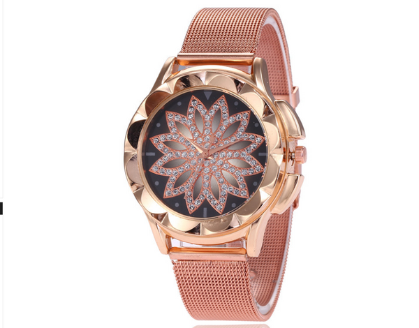 Reloj de Mujer Cuarzo con Malla Metálica y Diseño Floral Elegante