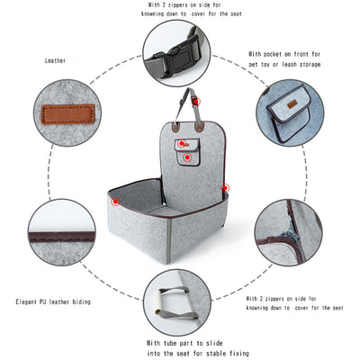 Light grey pet car seat with brown trim on a car's front passenger seat, holding two small dogs. Includes a black pet seatbelt tether. - Image 12