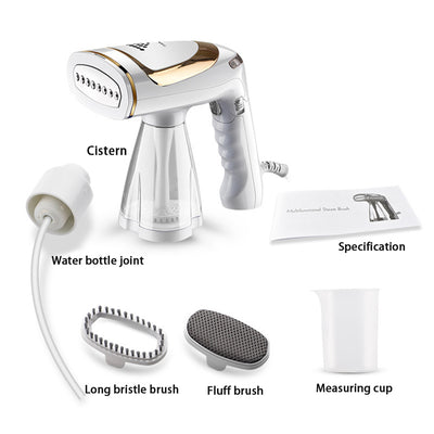 White and gold handheld folding steam iron with clear cistern, long bristle brush, fluff brush, and measuring cup. - Image 6