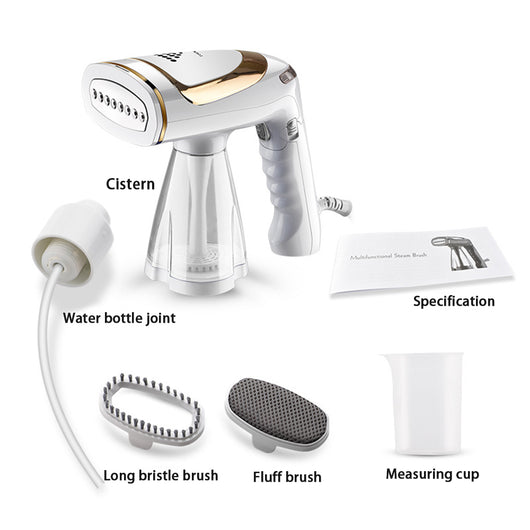 White and gold handheld folding steam iron with clear cistern, long bristle brush, fluff brush, and measuring cup. - Image 6