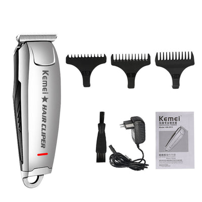 Silver rechargeable hair clipper with EU plug charger, cleaning brush, and four black guide combs on a white background. - Image 27
