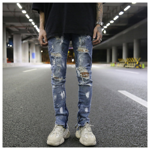 Jeans Slim Fit Elásticos con Detalles Graffiti y Rotos