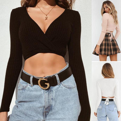 Blusa Crop Top Manga Larga Cuello V Ajustada para Mujer - Cómoda y Elegante - Image 3