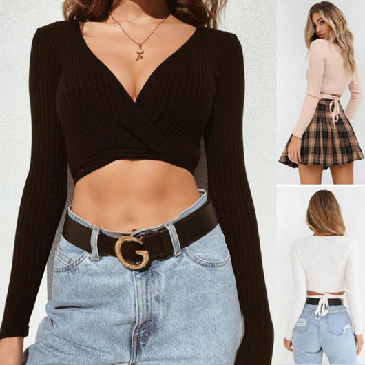 Blusa Crop Top Manga Larga Cuello V Ajustada para Mujer - Cómoda y Elegante - Image 3