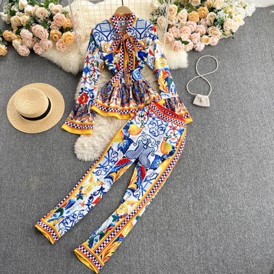 Conjunto Retro Elegante: Blusa Estampada + Pantalón Ancho de Cintura Alta - Image 7