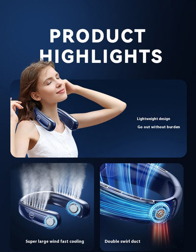 Light blue U-shaped neck fan with a digital display showing 100% charge and multiple air vents. - Image 19