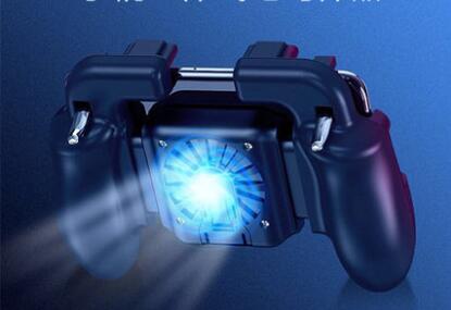 Dark blue smartphone game controller with integrated cooling fan and silver trigger buttons for mobile gaming. - Image 2