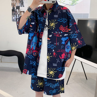 Conjunto de Camisa Floral Manga Corta Ice Silk para Hombre - Image 13
