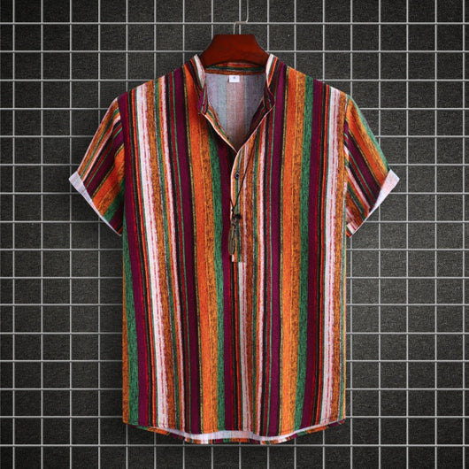 Camisa Étnica de Cuello Mao Rayas Algodón-Lino Manga Corta - Image 3