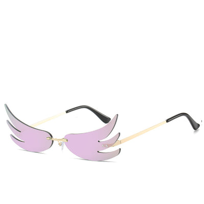 Rimless flame-shaped sunglasses with silver reflective lenses, gold metal temples, and black temple tips. - Image 4