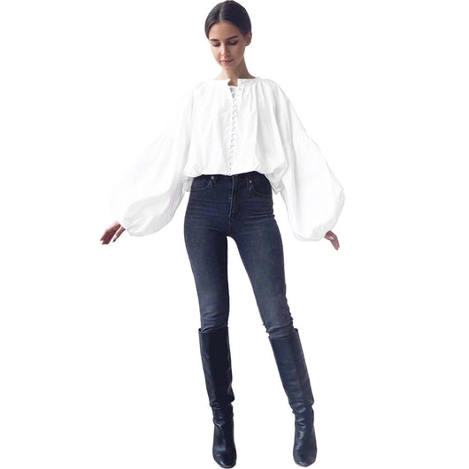 Blusa Blanca con Mangas Linterna para Mujer - Image 3