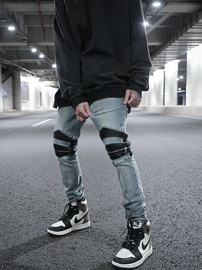 Jeans Slim Fit Biker con Parches de Cuero y Cierre Elástico - Image 9