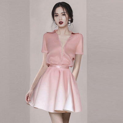 Conjunto Dos Piezas: Blusa Coreana Entallada y Falda A-Line