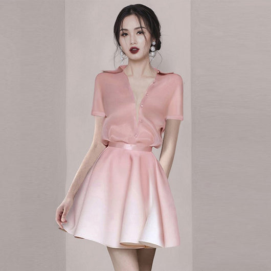 Conjunto Dos Piezas: Blusa Coreana Entallada y Falda A-Line
