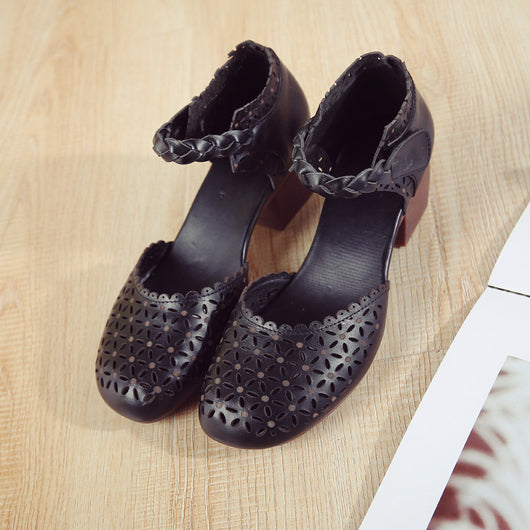 Zapatos Étnicos de Cuero para Mujer con Tacón Grueso y Punta Hueca - Image 7