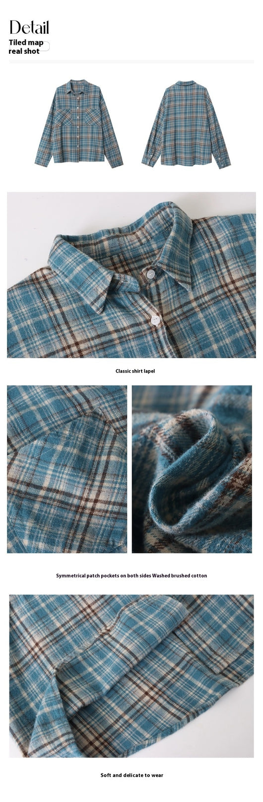 Camisa de Algodón Peinado Estilo Vintage a Cuadros Manga Larga - Image 7