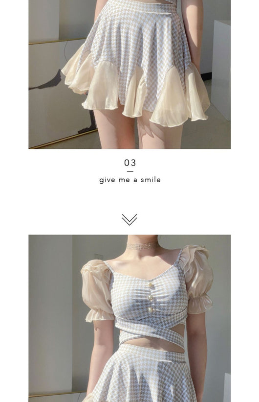 Women's conservative two-piece swimsuit with beige and white houndstooth pattern, sheer puff sleeves, and a flared skirt. - Image 11