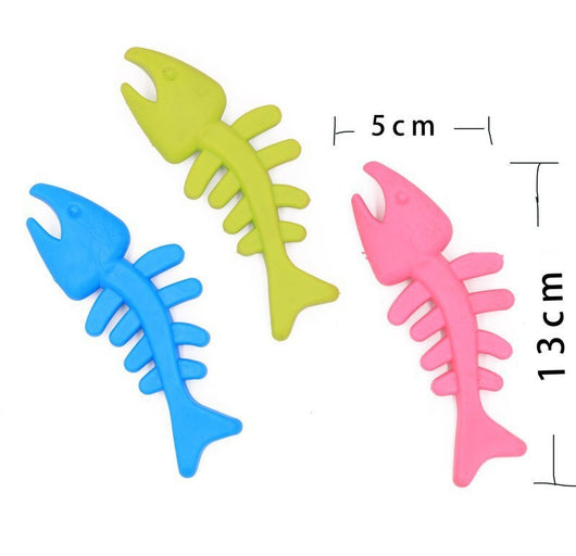Three colorful fish skeleton dog toys in blue, green, and pink, measuring 13cm long and 5cm wide. - Image 3