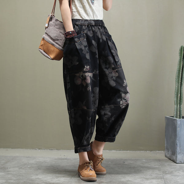 Jeans de Algodón Lavado con Estampado Versátil y Corte Holgado