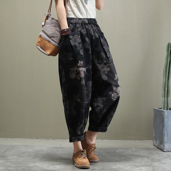 Jeans de Algodón Lavado con Estampado Versátil y Corte Holgado