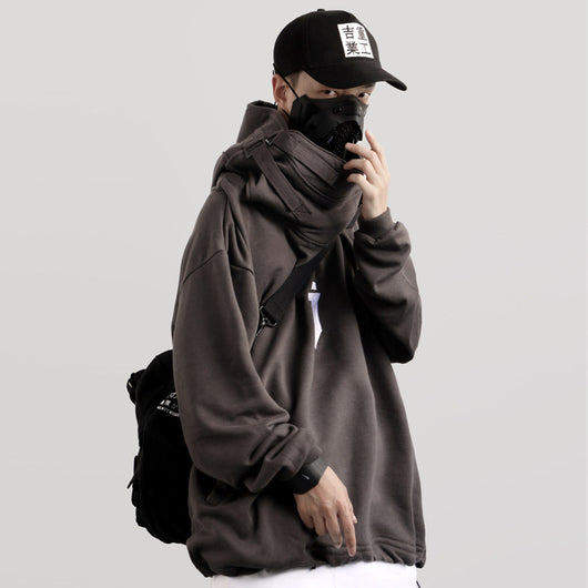Chaqueta Hoodie Hip-Hop Oversize con Cuello Alto y Detalles Militares