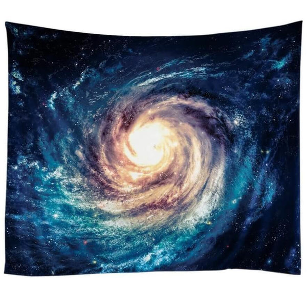 Cosmic Tapestry featuring a vibrant swirling galaxy design with a bright yellow core and dark blue edges.