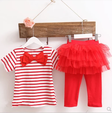 Conjunto de Verano Niña - Blusa Rayas con Moño y Falda Pantalón