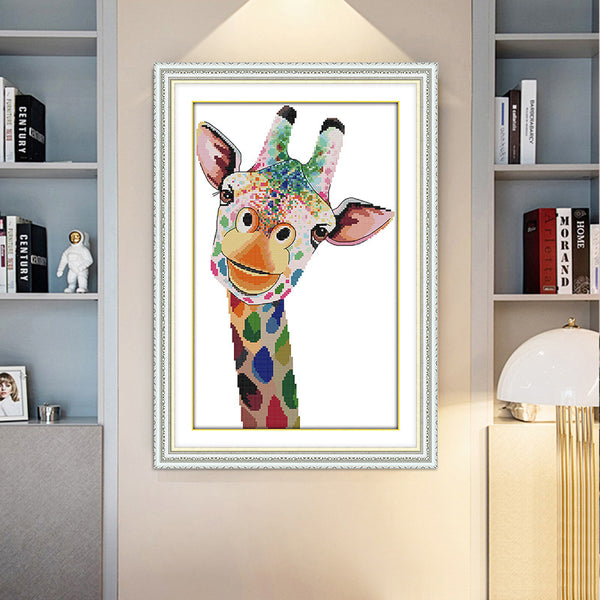 Cuadro Decorativo Jirafa Arcoíris a Punto de Cruz para Sala de Estar