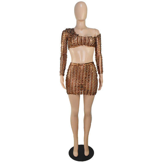 Black net hole hollow-out two-piece set with one-shoulder long-sleeve crop top and matching mini skirt. - Image 26