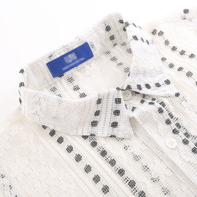 Blusa Suelta de Encaje Calado y Manga Larga con Lunares y Rayas Jacquard - Image 4