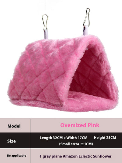Small pink quilted plush bird's nest hammock with two metal hooks, ideal for parrots and small birds. - Image 9