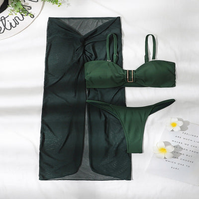Bright green three-piece bikini set with a ruched bandeau top, matching bottoms, and a sheer knotted sarong skirt. - Image 7