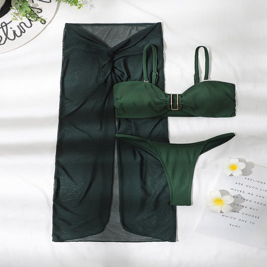 Bright green three-piece bikini set with a ruched bandeau top, matching bottoms, and a sheer knotted sarong skirt. - Image 7