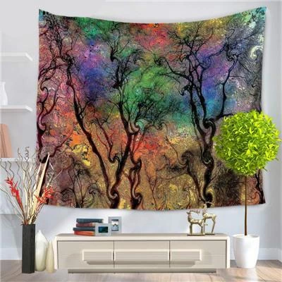 Digital printed tapestry with an abstract forest design, featuring dark, swirling tree silhouettes against a vibrant, multicolor background.