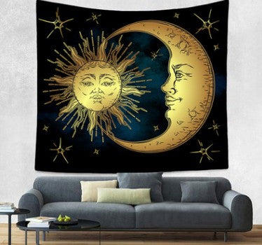 Bohemian sun and moon tapestry with a celestial pattern of golden suns and crescent moons on a dark blue background. - Image 13