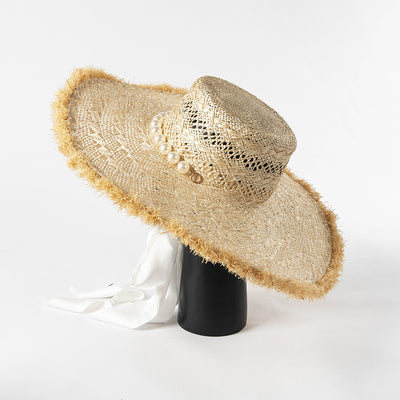 Sombrero Playero de Paja Trenzada con Ala Ancha y Borde Perlado - Image 3