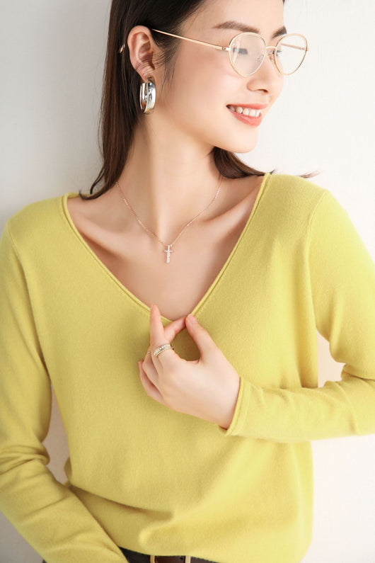 Suéter Suelto Cuello V Mujer Manga Larga Color Sólido - Image 14