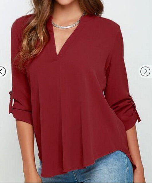 Blusa Holgada de Gasa con Cuello en V y Mangas Fruncidas Talla Grande - Image 5