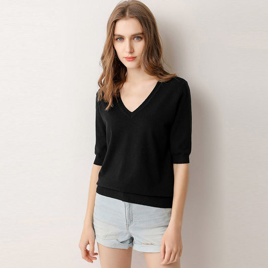 Suéter Tejido Cuello V Manga Corta para Mujer