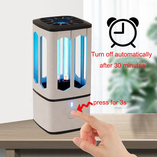 White portable UV disinfection lamp with a black top and base, featuring a visible blue UV light tube and power button. - Image 5