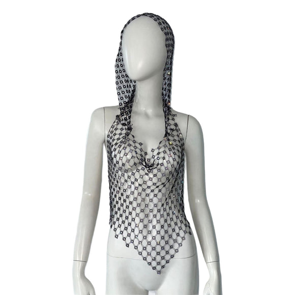 Camiseta de Malla Hueca con Strass Brillante