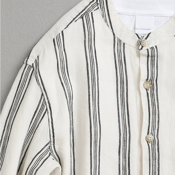 Camisa de Lino Suelta a Rayas con Cuello Tipo Stand - Manga 3/4 Casual Retro