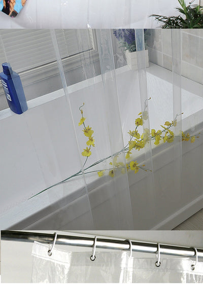Transparent PEVA shower curtain with stainless steel grommets and hooks on a silver shower rod. - Image 10