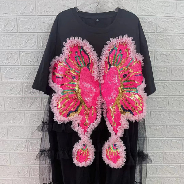 Vestido Camiseta Patchwork Mesh Mujer