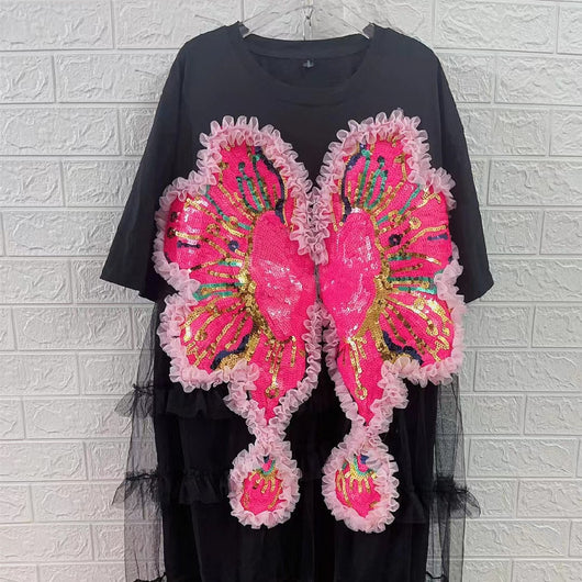 Vestido Camiseta Patchwork Mesh Mujer