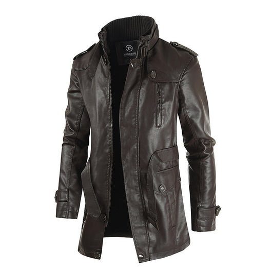 Abrigo de Cuero para Hombre Estilo Coreano Cuello Mao Slim Fit