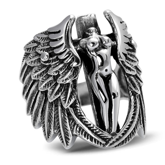 Anillo Plata 925 Ángel Guardián Vintage con Alas de Pluma - Image 2